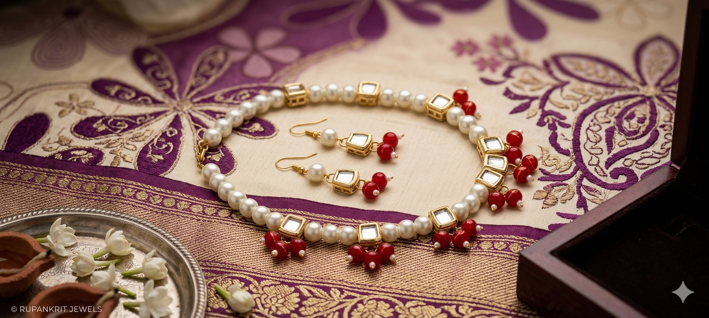 Red and white pearl kundan necklace set