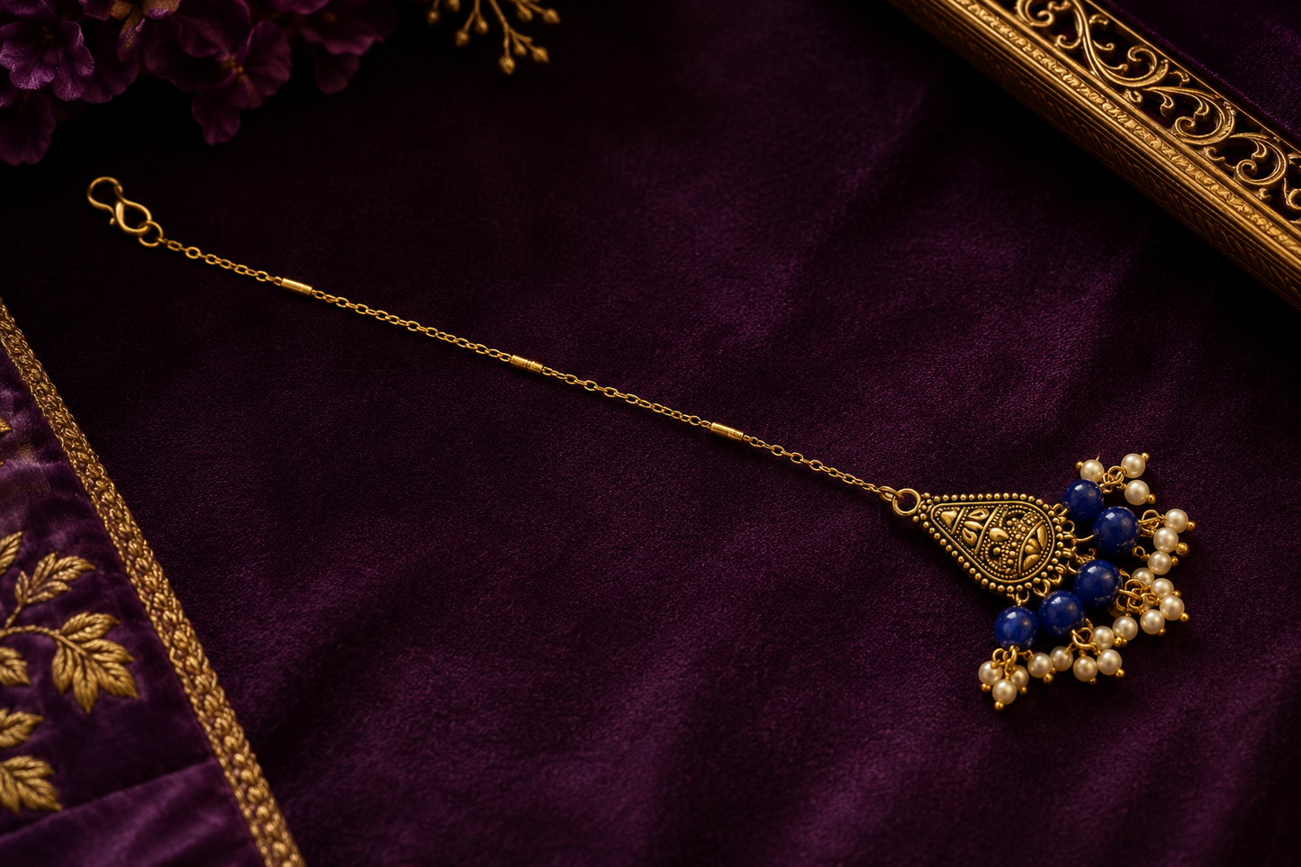 Handmade Blue Beaded Antique Maang Tikka | Traditional Ethnic Hair Accessory