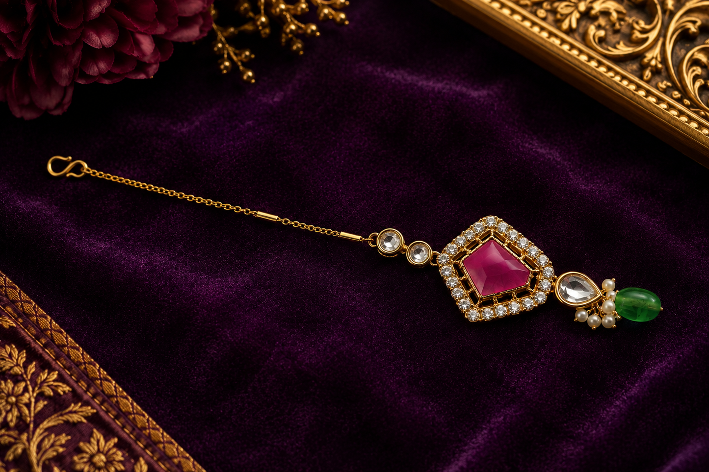 Handmade Pink Kundan Maang Tikka with Green Drop | Bridal & Festive Hair Accessory