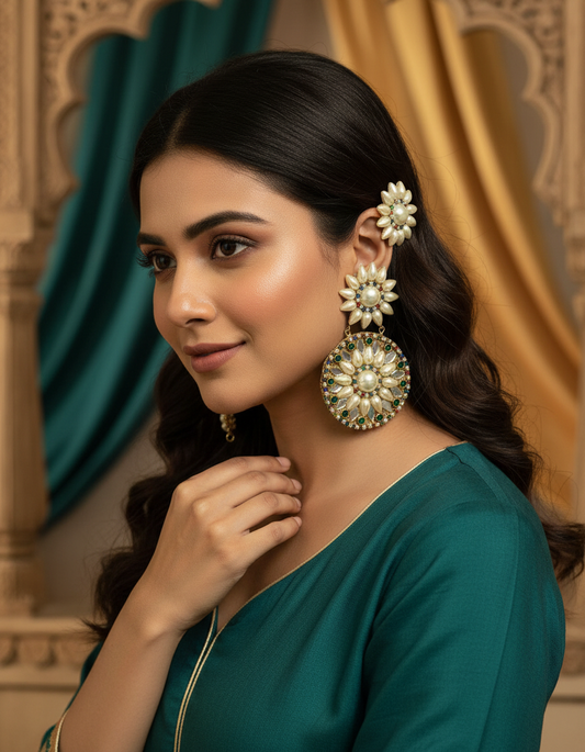 Maharaja Kundan & Pearl Oversized Statement Chandbali Earrings
