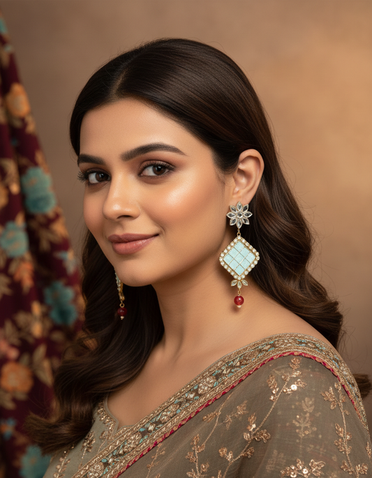Kundan Floral Rhombus Drop Earrings