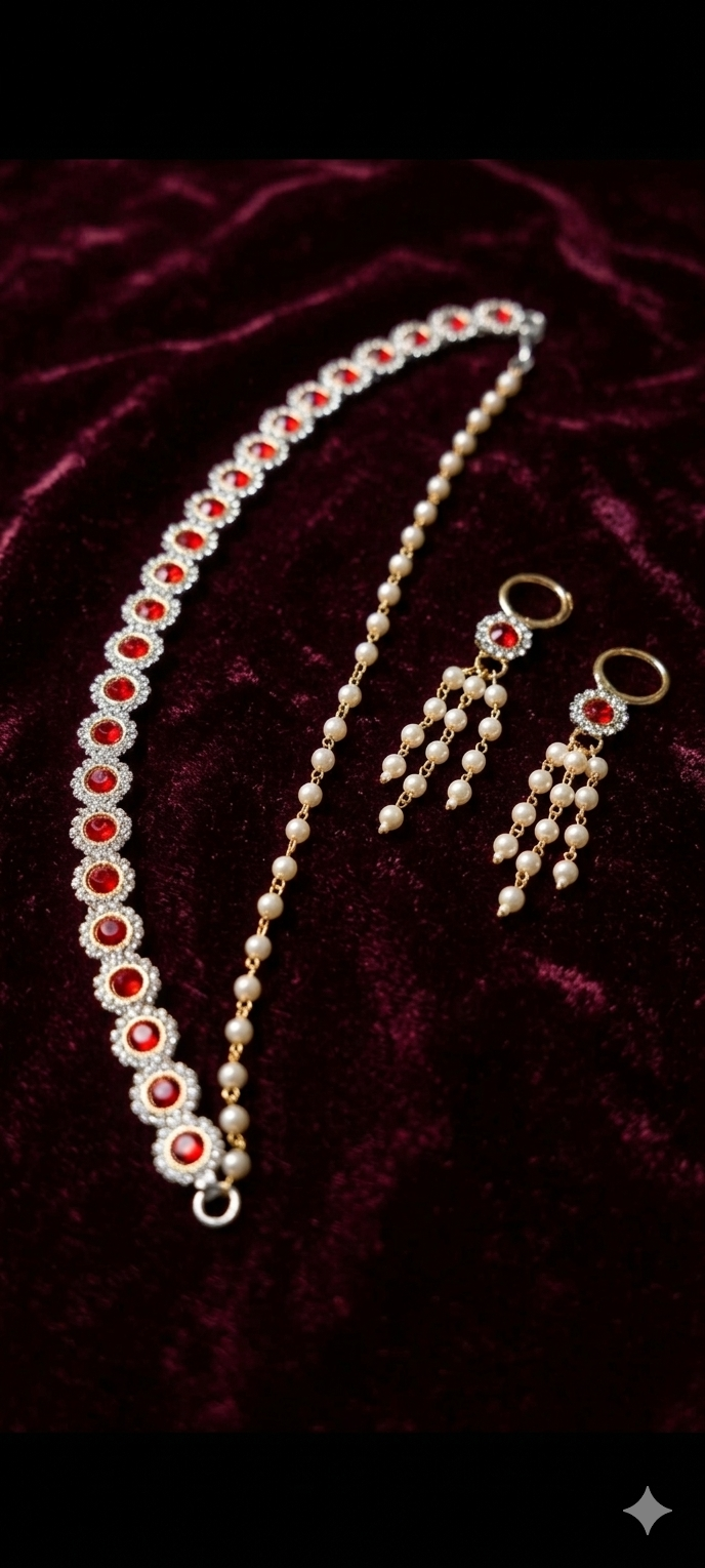 Crimson Elegance Pearl-Draped Jewelry Set