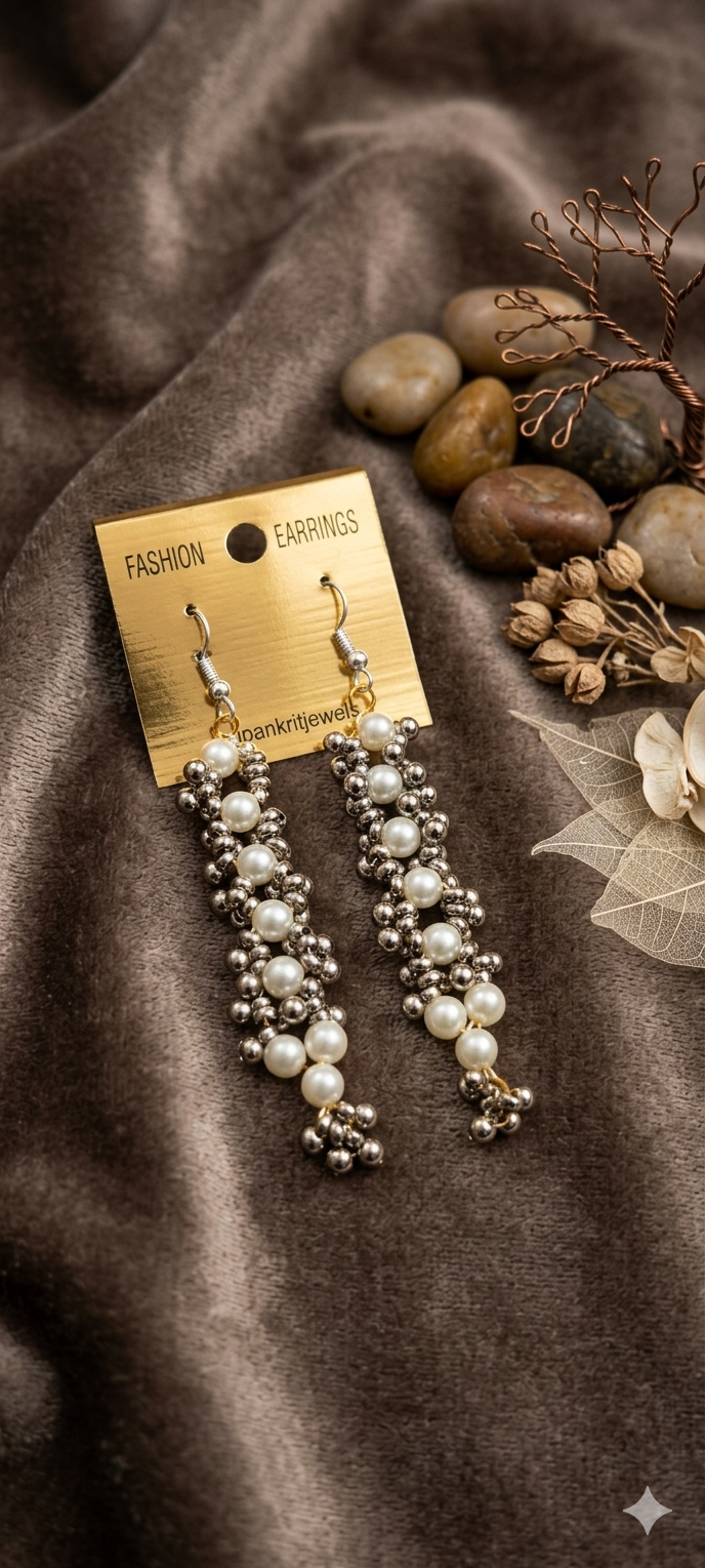 Handcrafted Pearl & Silver Beaded Dangle Earrings