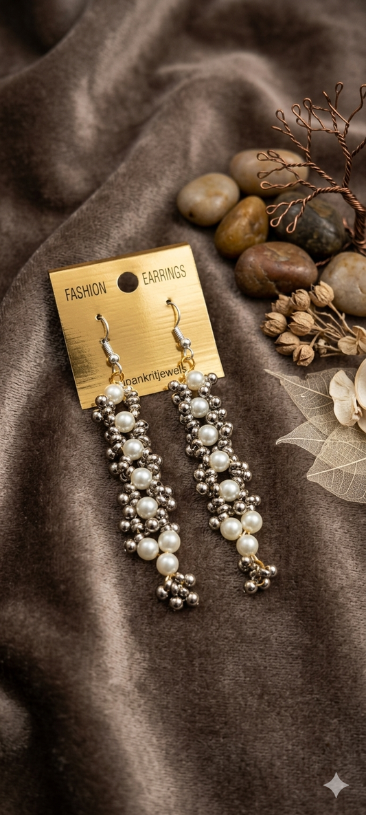 Handcrafted Pearl & Silver Beaded Dangle Earrings