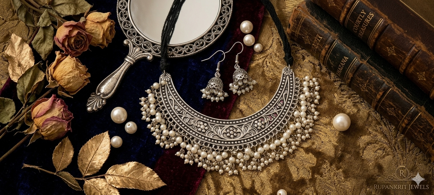 The Maharani Antique Silver Crescent Choker & Jhumka Set