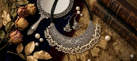 The Maharani Antique Silver Crescent Choker & Jhumka Set
