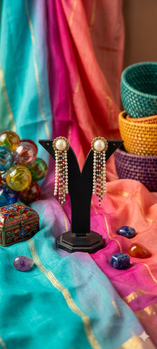Pearl & Multicolor Tassel Dangle Earrings