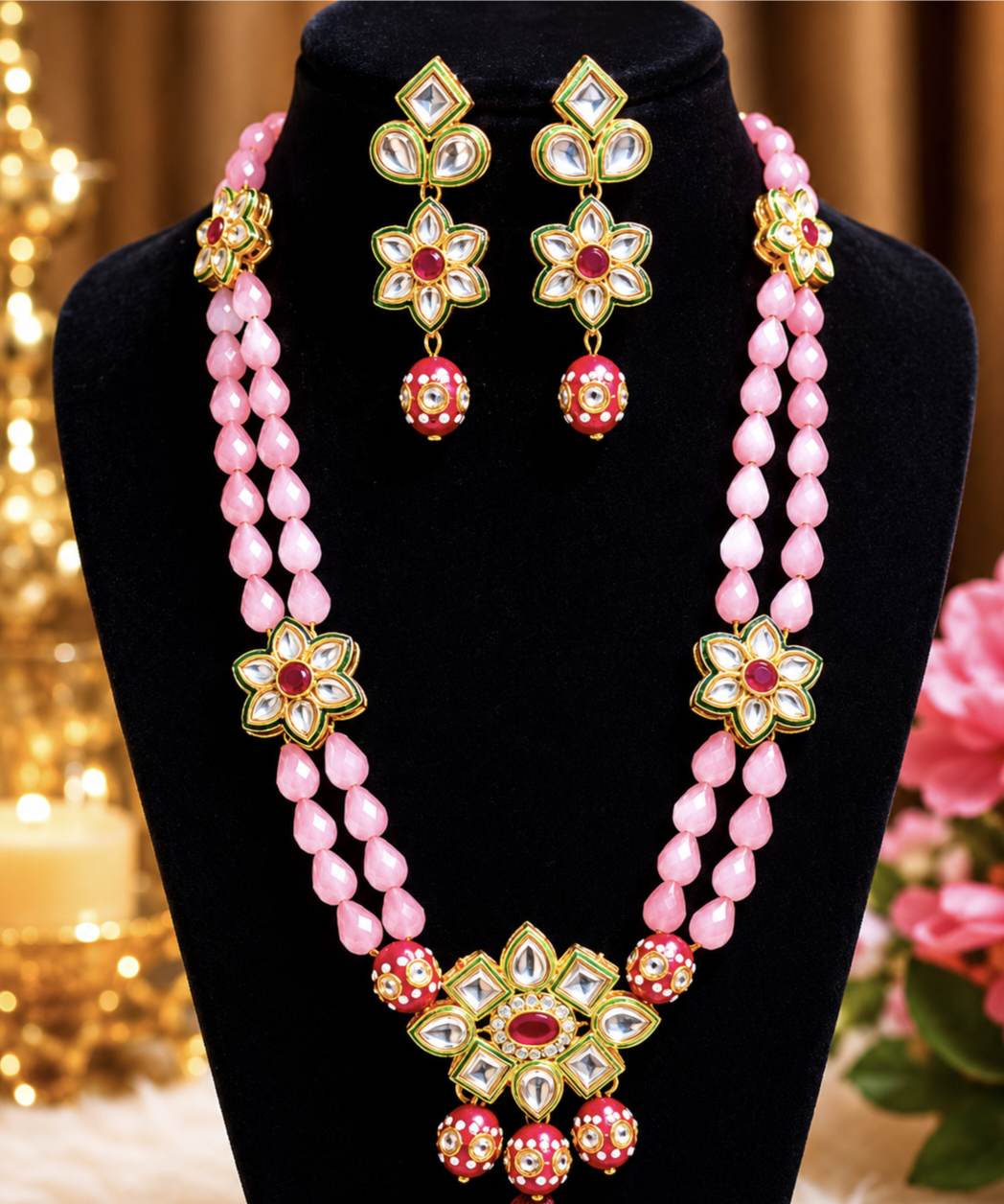 The Gulabi Meenakari Floral Kundan Haram Set