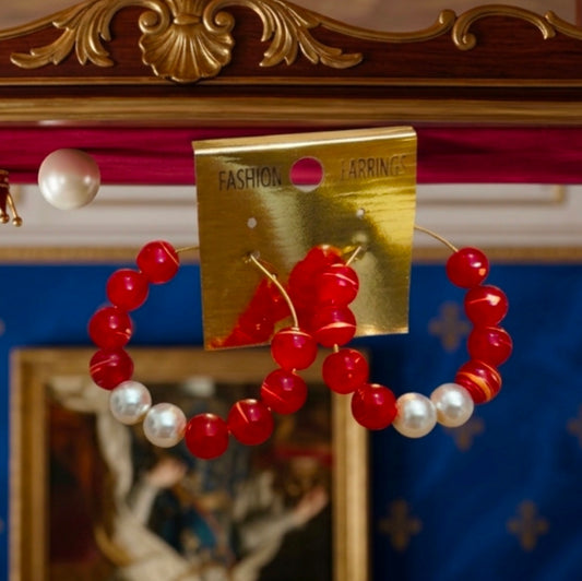 The Royal Courtyard: Ruby & Pearl Beaded Hoop Earrings