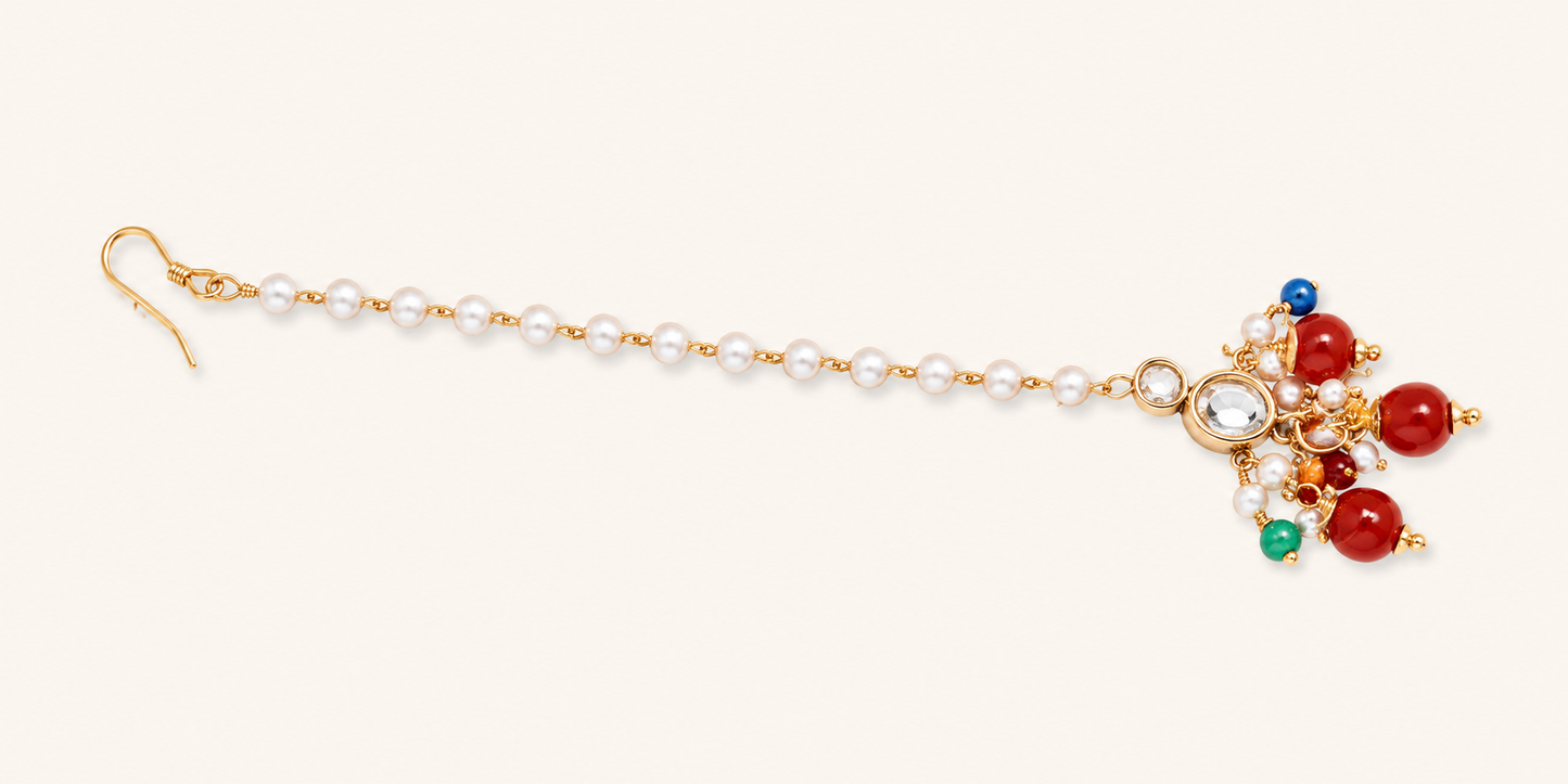 Royal Pearl Kundan Maang Tikka with Ruby Beads