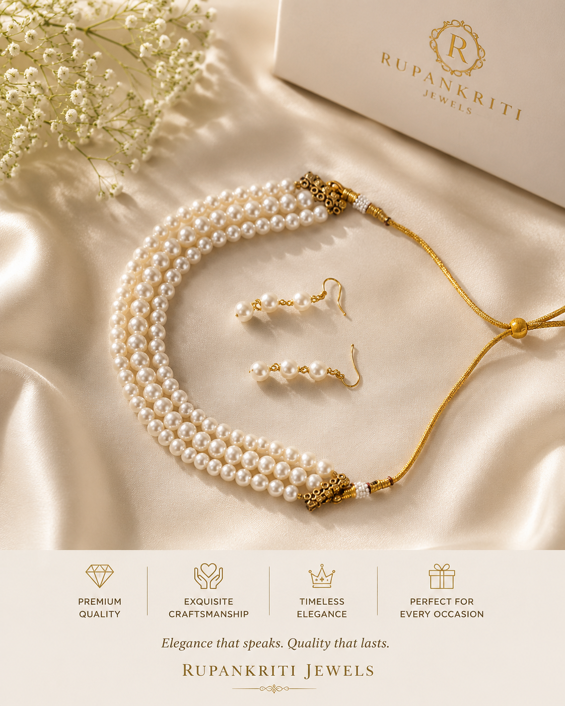 The Rupankriti Timeless 3-Strand Pearl Choker Set