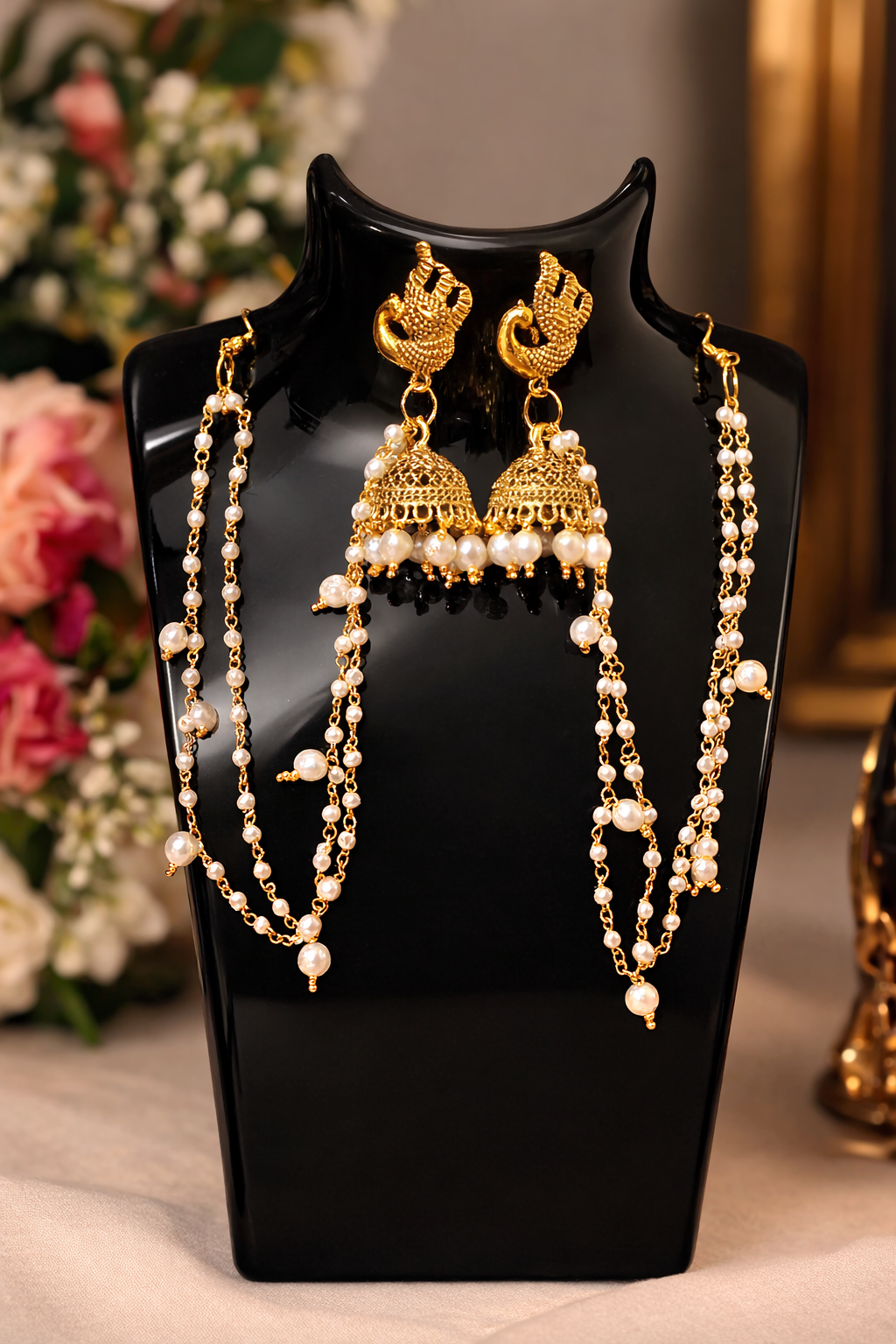 Royal Pearl Jhumka Earrings with Ear Chains – Heritage Elegance