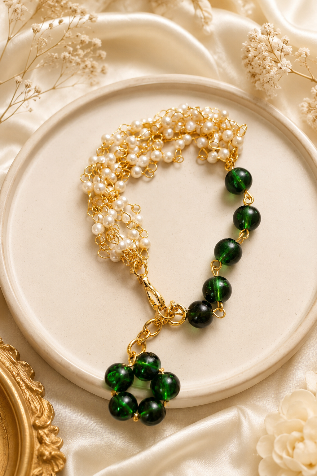 Emerald Green Pearl Charm Bracelet | Handmade Gold Finish Bracelet for Women