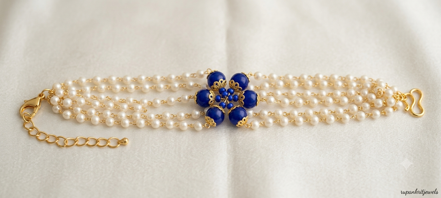 Royal Lapis & Pearl Multi-Strand Statement Bracelet