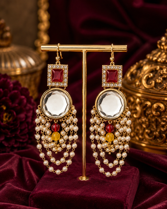 Royal Mirror Pearl Cascade Statement Earrings