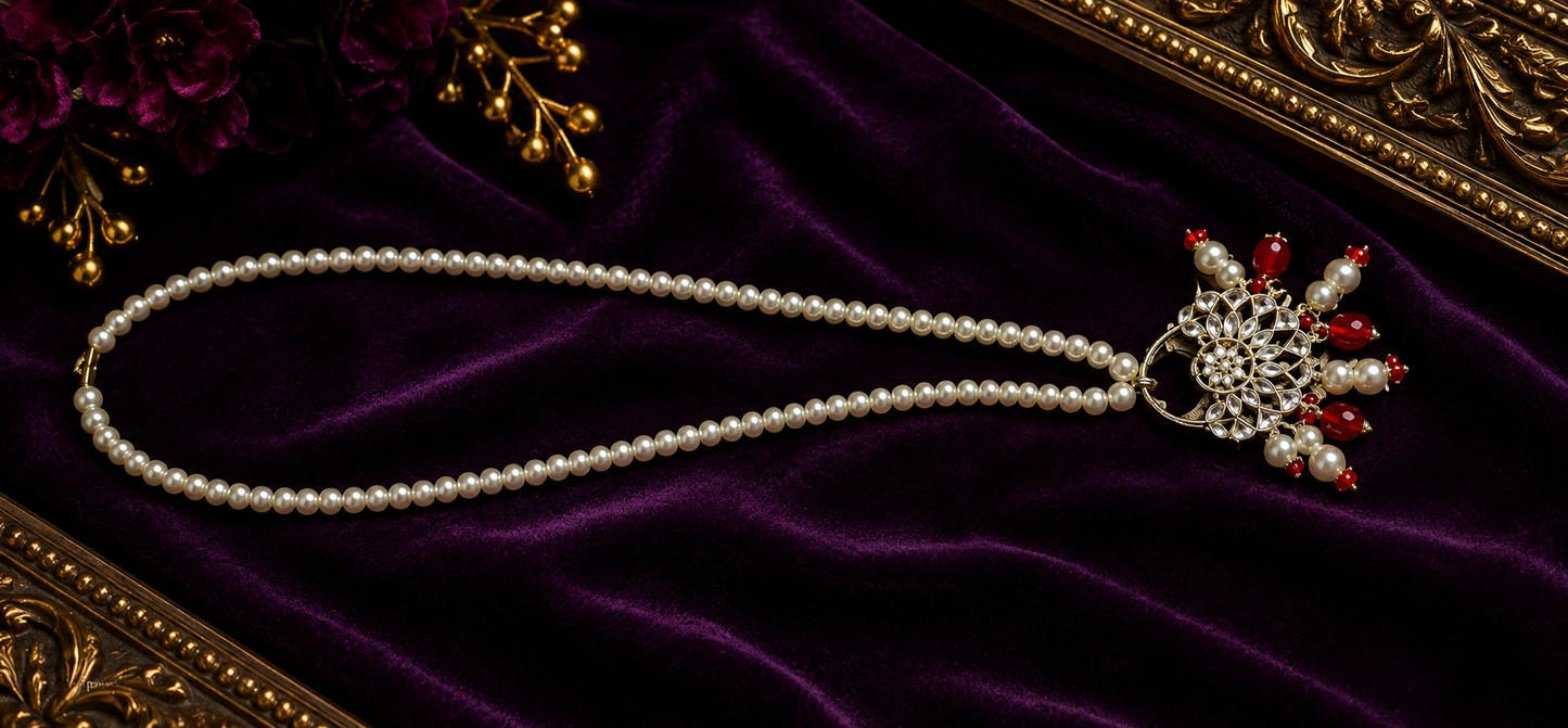 Handmade Pearl Necklace with Red Kundan Pendant | Traditional Bridal Necklace