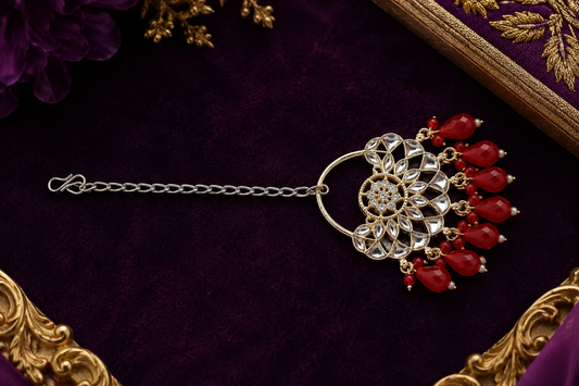 Handmade Red Kundan Maang Tikka | Traditional Bridal Forehead Jewelry