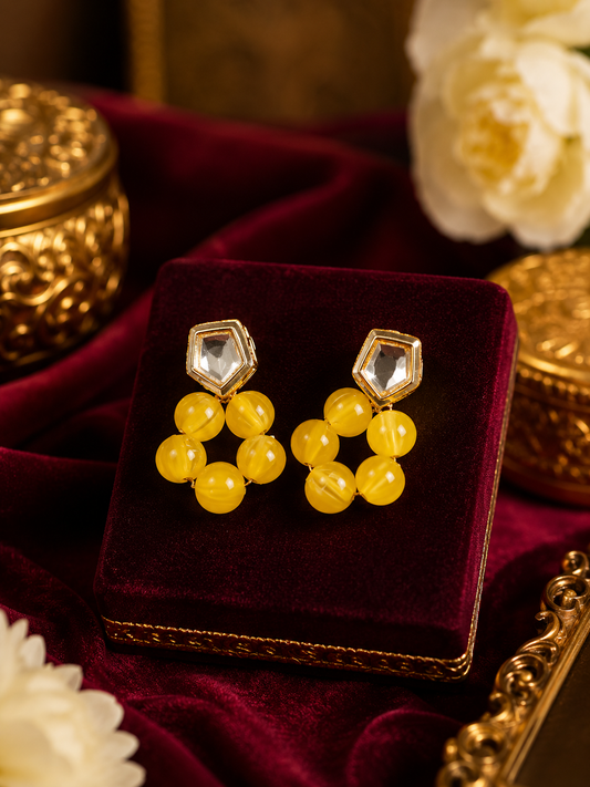 Royal Yellow Beaded Kundan Stud Earrings
