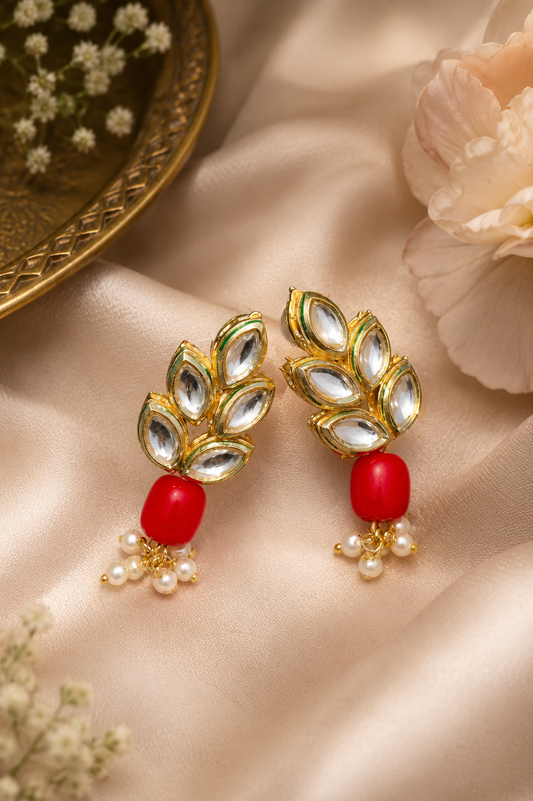 Red Kundan Leaf Stud Earrings