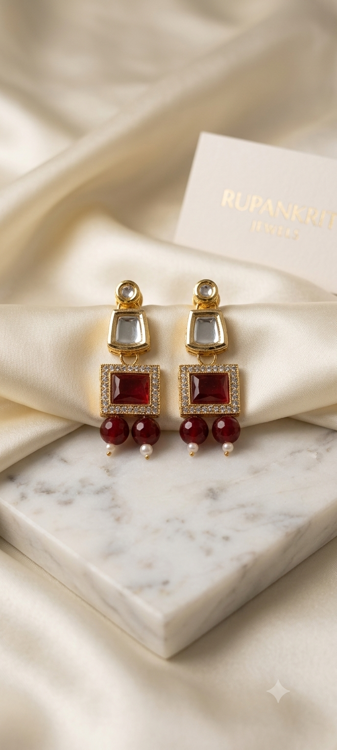 Regal Ruby Red Kundan Drop Earrings