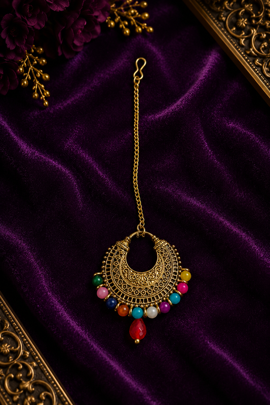 Handmade Antique Multicolor Maang Tikka | Boho Ethnic Bridal Hair Accessory
