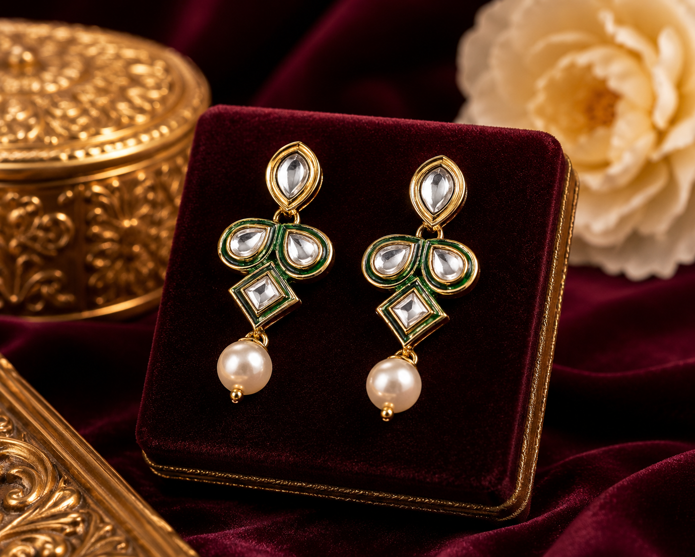 Emerald Pearl Kundan Drop Earrings