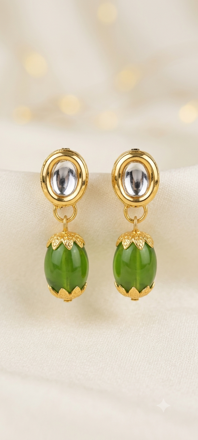 Elegant Kundan Studs with Vibrant Green Bead Drops