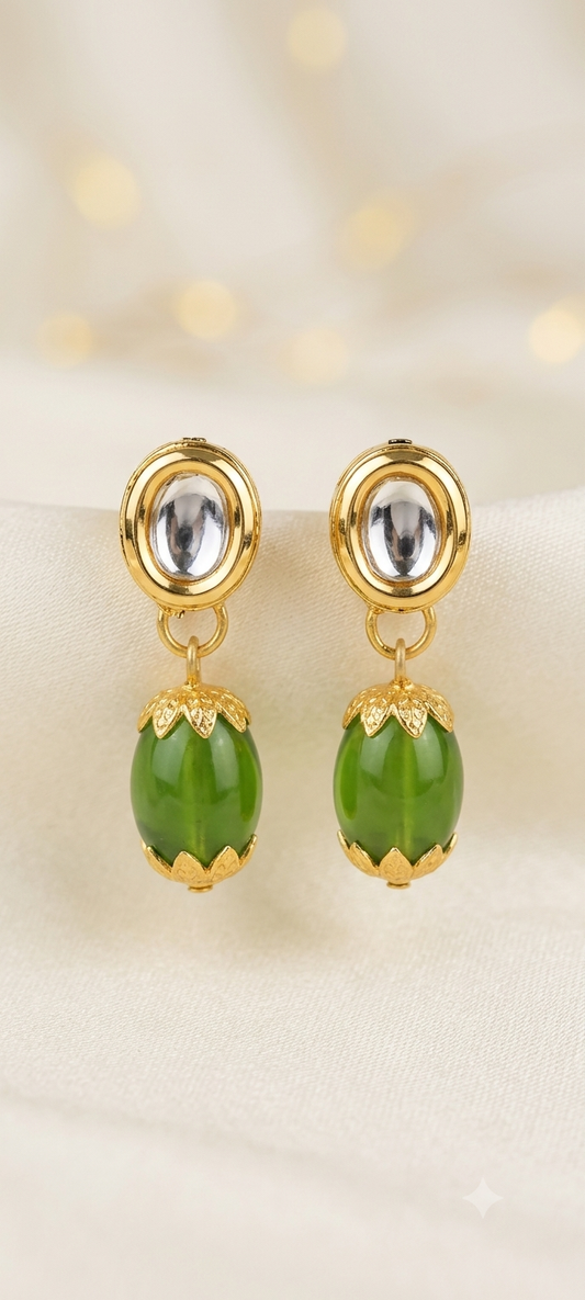 Elegant Kundan Studs with Vibrant Green Bead Drops