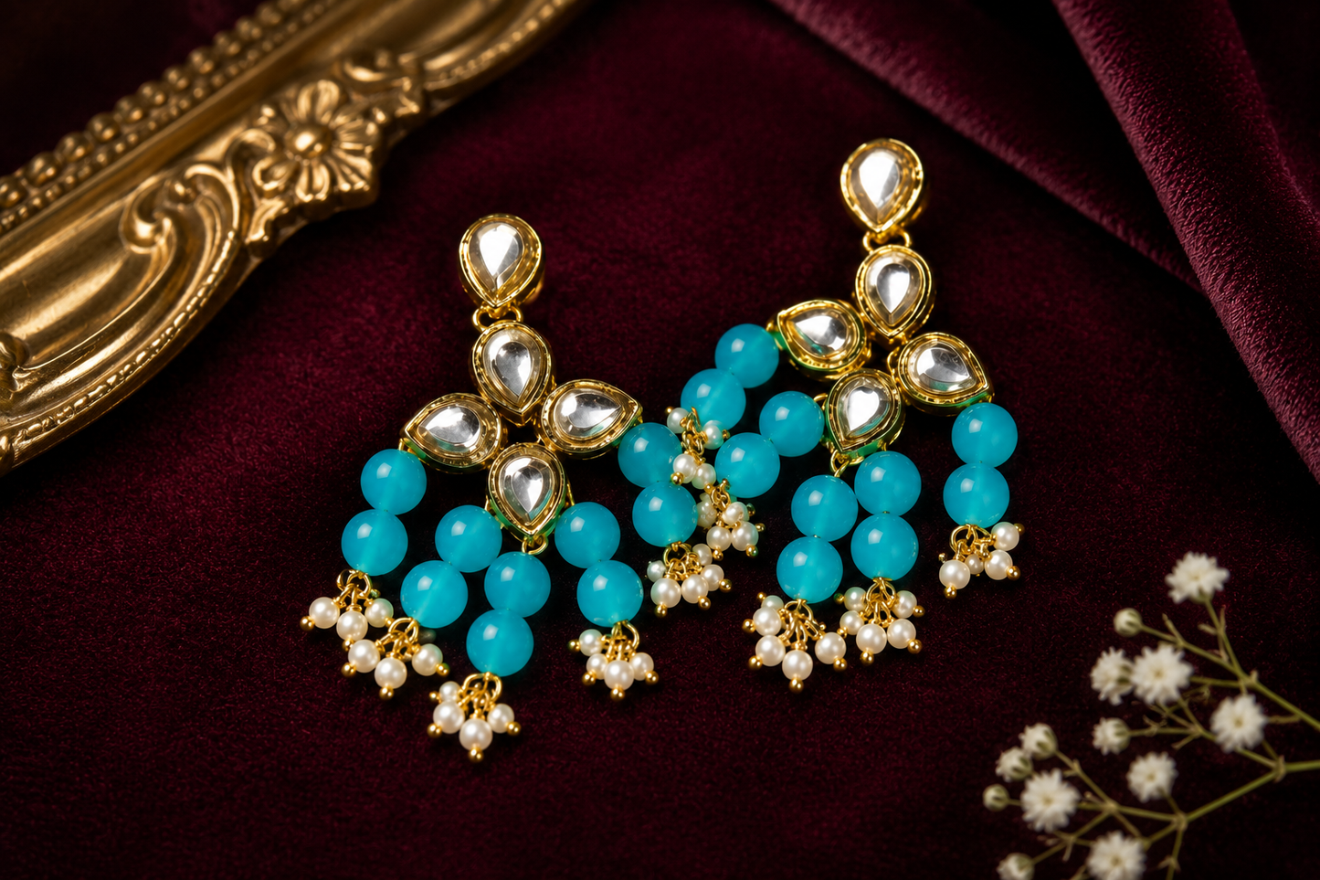 Sky Blue Kundan Beaded Statement Earrings