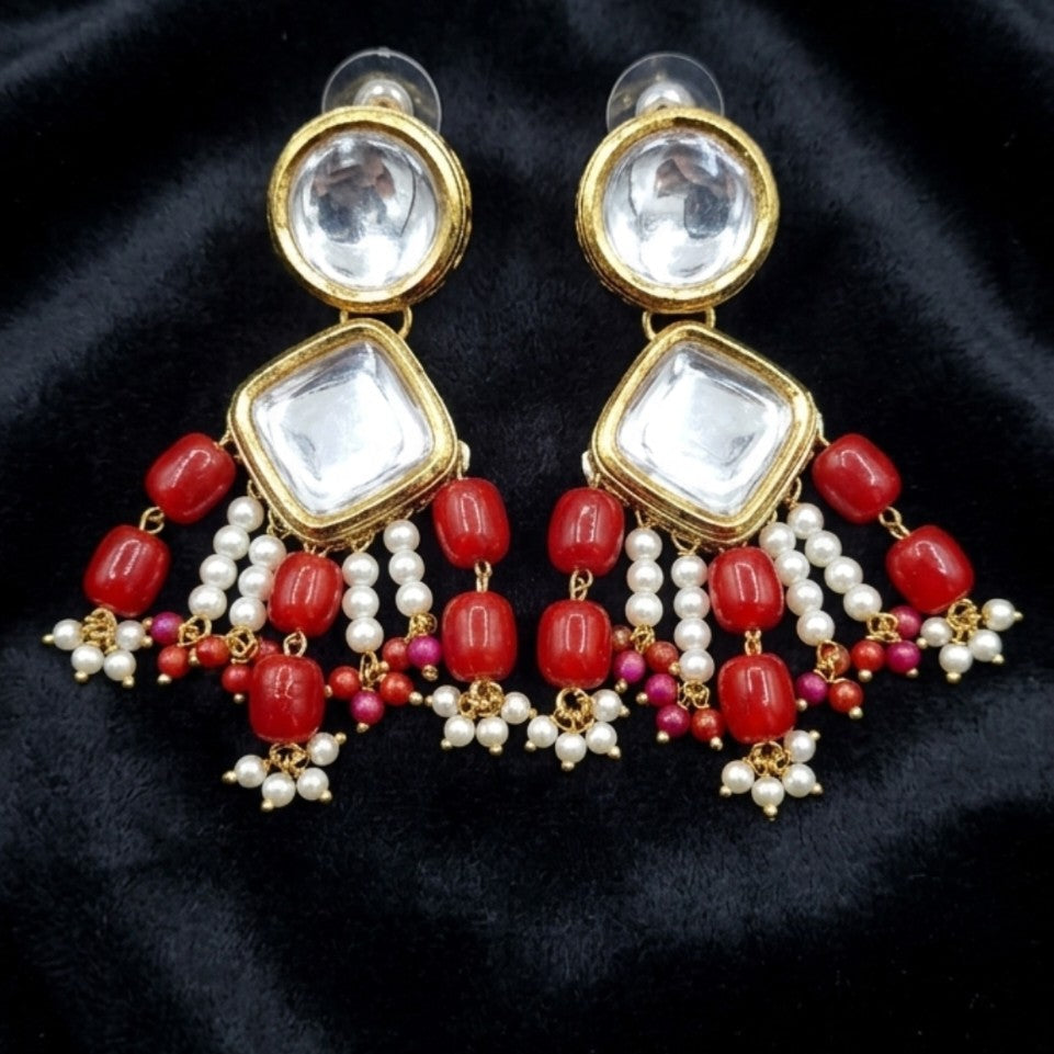 The Shahi Kundan & Red Bead Drop Earrings
