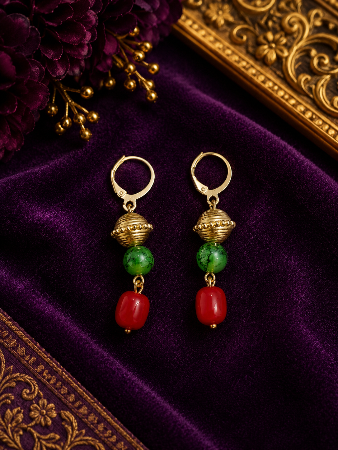 Handmade Red & Green Beaded Drop Earrings | Traditional Ethnic Earrings