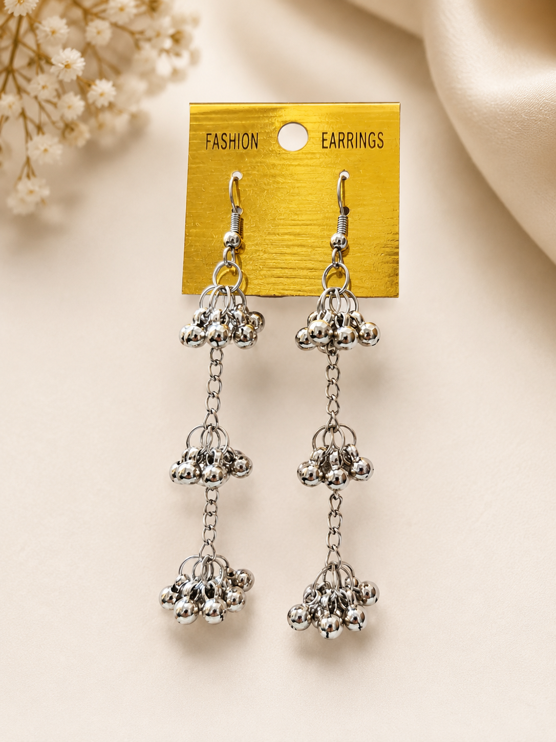 Elegant Silver Beaded Dangle Earrings – Modern Ethnic Charm