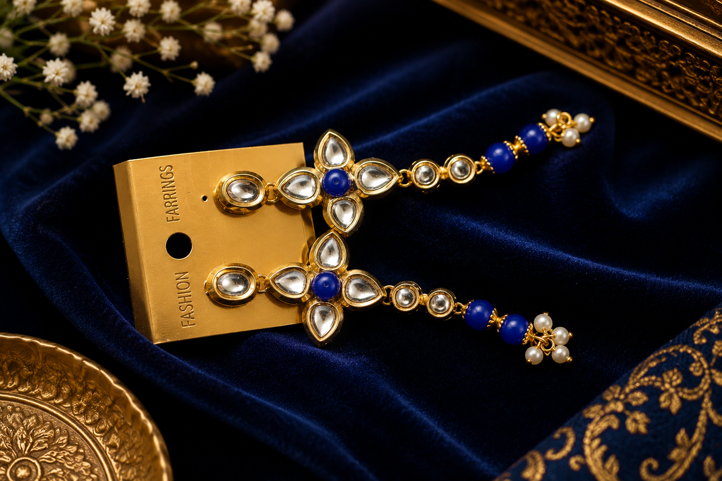 Royal Blue Kundan Drop Earrings