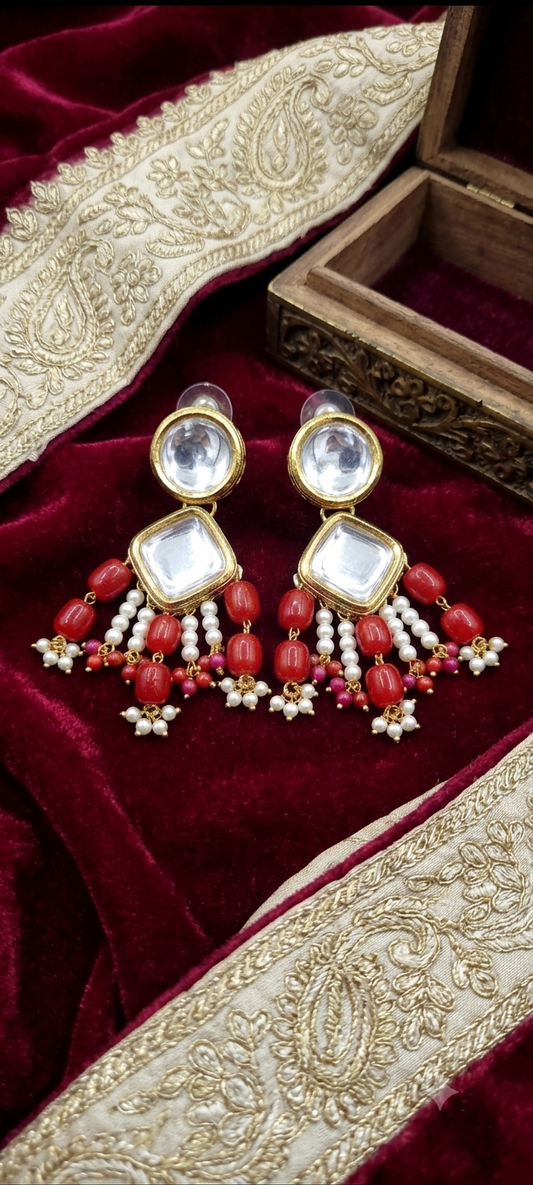 The Shahi Kundan & Red Bead Drop Earrings