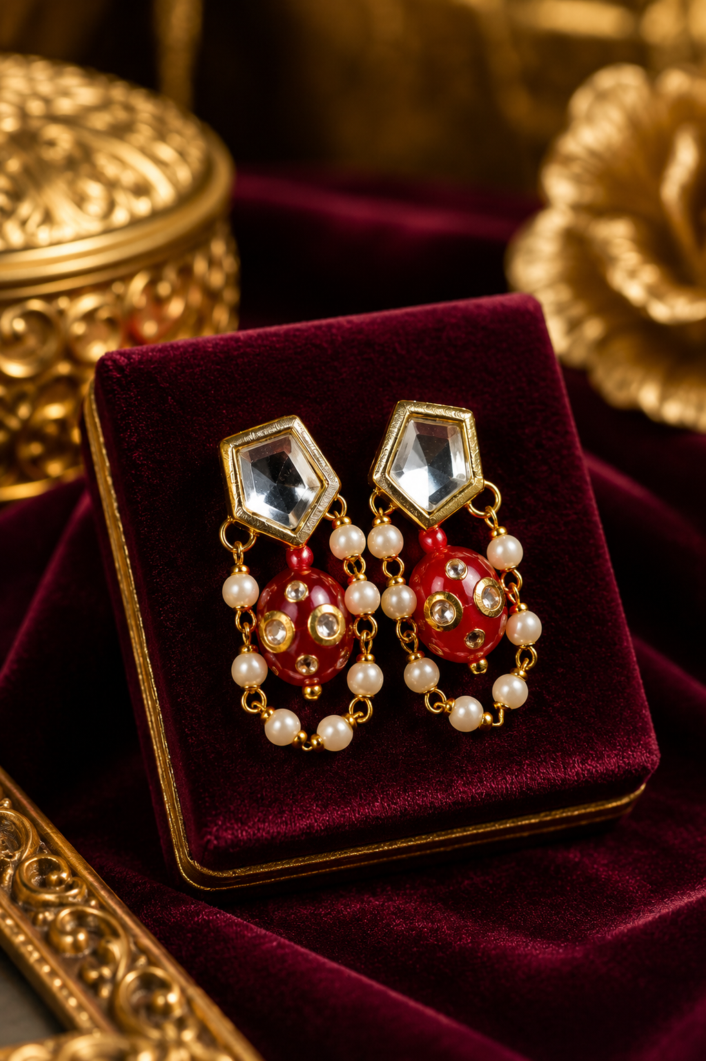 Royal Ruby Pearl Kundan Drop Earrings